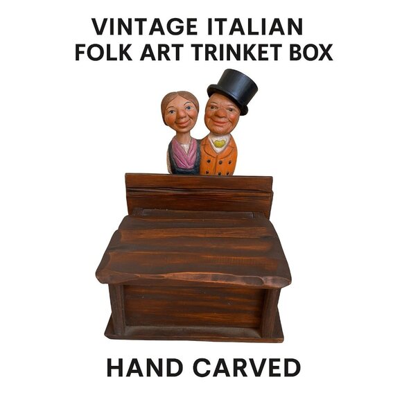 Other - Vintage Italian Hand Carved Wooden Trinket Box with Couple Figurines Folk Art